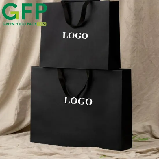 Sac cadeau en papier noir avec poignée, grand emballage de luxe, logo imprimé personnalisé, estampage à chaud doré